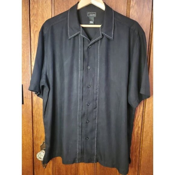 Cezani Mens Silk Button-Up Shirt With Contrast Stitching Size L Black - Picture 1 of 6